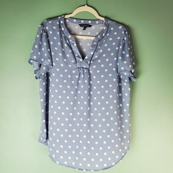 41 Hawthorn Women's Blue White London Mixed Media Polka Dot Blouse Top Size 1X - Picture 1 of 6